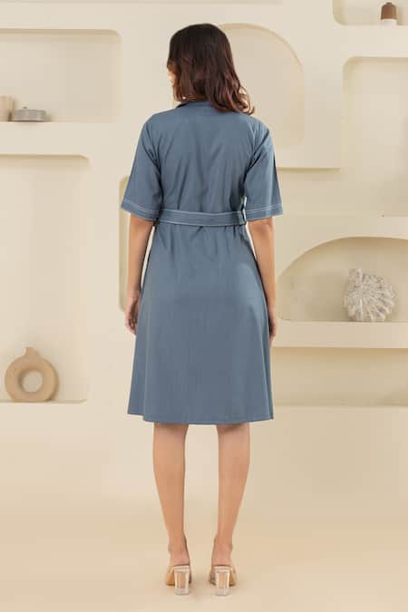 Shop Savaaya Blue Cotton, Denim Collared Dress With Belt at Aza Fashions Shop_Savaaya_Blue Cotton, Denim Collared Dress With Belt _at_Aza_Fashions