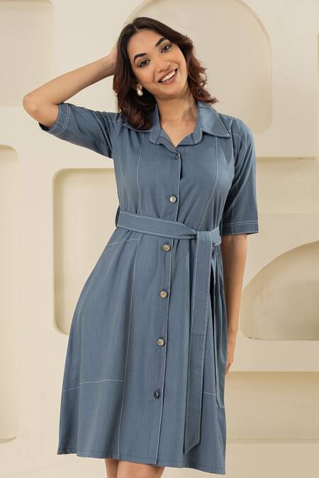 Savaaya Blue Cotton, Denim Collared Dress With Belt Online at Aza Fashions Savaaya_Blue Cotton, Denim Collared Dress With Belt _Online_at_Aza_Fashions
