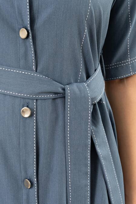 Buy Savaaya Blue Cotton, Denim Collared Dress With Belt Online at Aza Fashions Buy_Savaaya_Blue Cotton, Denim Collared Dress With Belt _Online_at_Aza_Fashions