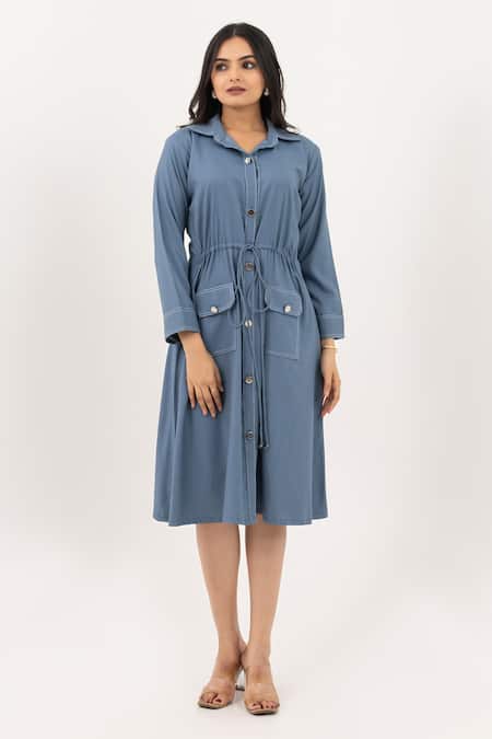 Savaaya Blue Cotton, Denim Buckles Collared Midi Dress Online at Aza Fashions Savaaya_Blue Cotton, Denim Buckles Collared Midi Dress _Online_at_Aza_Fashions