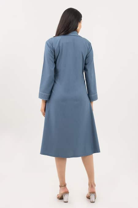 Shop Savaaya Blue Cotton, Denim Buckles Collared Midi Dress at Aza Fashions Shop_Savaaya_Blue Cotton, Denim Buckles Collared Midi Dress _at_Aza_Fashions