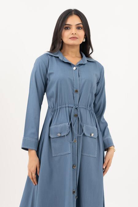 Buy Savaaya Blue Cotton, Denim Buckles Collared Midi Dress Online at Aza Fashions Buy_Savaaya_Blue Cotton, Denim Buckles Collared Midi Dress _Online_at_Aza_Fashions