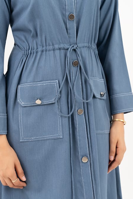 Shop Savaaya Blue Cotton, Denim Buckles Collared Midi Dress Online at Aza Fashions Shop_Savaaya_Blue Cotton, Denim Buckles Collared Midi Dress _Online_at_Aza_Fashions