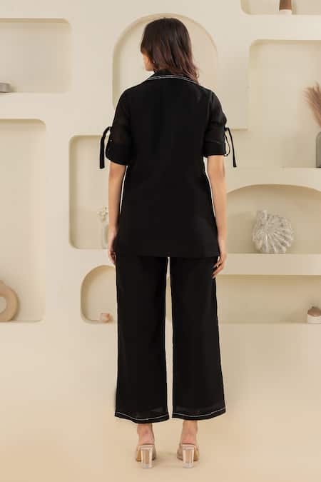 Shop Savaaya Black Linen Collared And White Blend Pant Set at Aza Fashions Shop_Savaaya_Black Linen Collared And White Blend Pant Set _at_Aza_Fashions