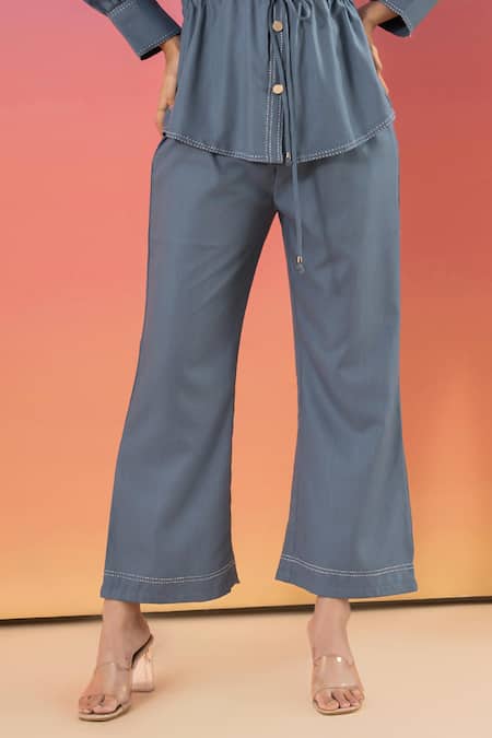 Savaaya Blue Cotton, Denim Metallic Thread Collared Pant Set Online at Aza Fashions Savaaya_Blue Cotton, Denim Metallic Thread Collared Pant Set _Online_at_Aza_Fashions