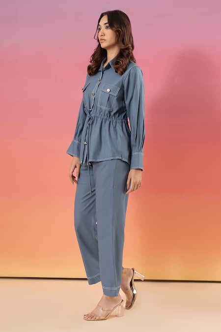 Buy Savaaya Blue Cotton, Denim Metallic Thread Collared Pant Set Online at Aza Fashions Buy_Savaaya_Blue Cotton, Denim Metallic Thread Collared Pant Set _Online_at_Aza_Fashions