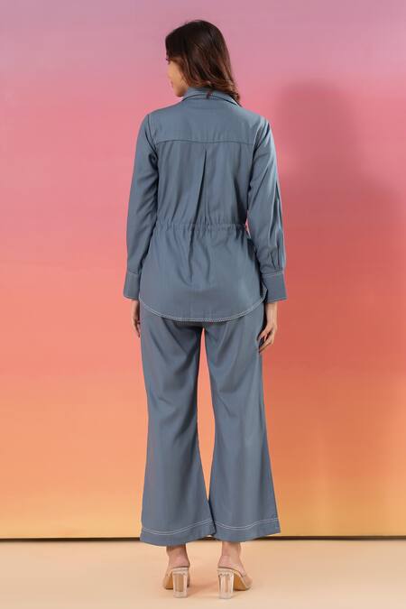 Shop Savaaya Blue Cotton, Denim Metallic Thread Collared Pant Set at Aza Fashions Shop_Savaaya_Blue Cotton, Denim Metallic Thread Collared Pant Set _at_Aza_Fashions