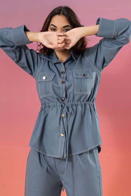 Shop Savaaya Blue Cotton, Denim Metallic Thread Collared Pant Set Online at Aza Fashions Shop_Savaaya_Blue Cotton, Denim Metallic Thread Collared Pant Set _Online_at_Aza_Fashions