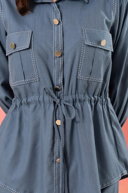 Savaaya Blue Cotton, Denim Metallic Thread Collared Pant Set at Aza Fashions Savaaya_Blue Cotton, Denim Metallic Thread Collared Pant Set _at_Aza_Fashions