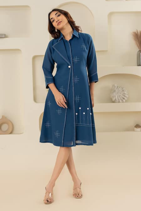 Savaaya Blue Linen Fabric Flowers Collared Blend Midi Dress 