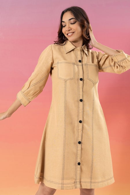 Savaaya Beige Linen Collared Blend Short Dress Online at Aza Fashions Savaaya_Beige Linen Collared Blend Short Dress _Online_at_Aza_Fashions