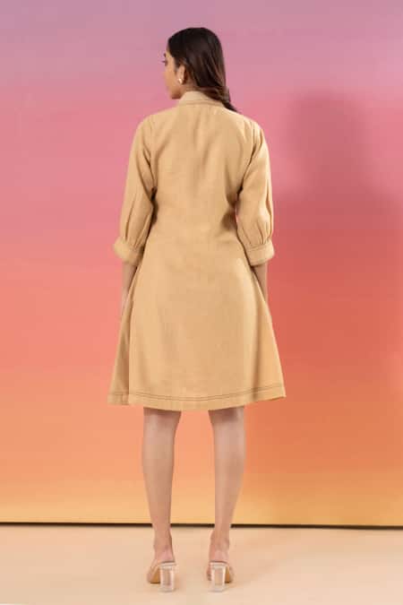 Shop Savaaya Beige Linen Collared Blend Short Dress at Aza Fashions Shop_Savaaya_Beige Linen Collared Blend Short Dress _at_Aza_Fashions