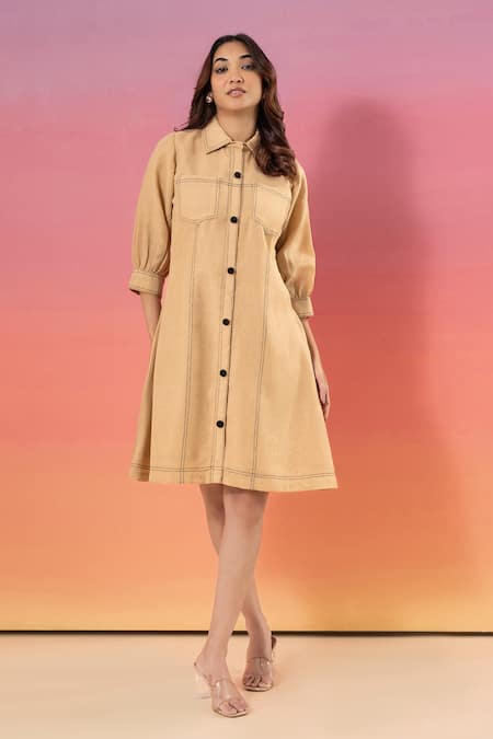 Savaaya Beige Linen Collared Blend Short Dress 