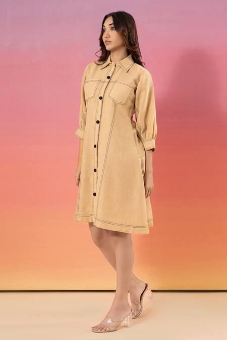 Buy Savaaya Beige Linen Collared Blend Short Dress Online at Aza Fashions Buy_Savaaya_Beige Linen Collared Blend Short Dress _Online_at_Aza_Fashions