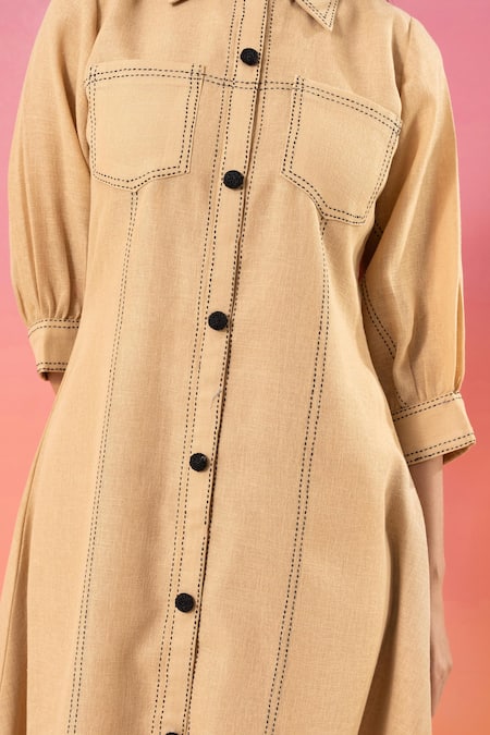Shop Savaaya Beige Linen Collared Blend Short Dress Online at Aza Fashions Shop_Savaaya_Beige Linen Collared Blend Short Dress _Online_at_Aza_Fashions