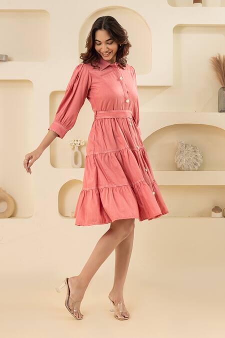 Savaaya_Pink Cotton, Denim Collared Dress With Belt _Online_at_Aza_Fashions