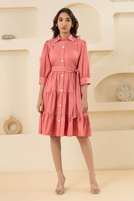 Savaaya Pink Cotton, Denim Collared Dress With Belt 