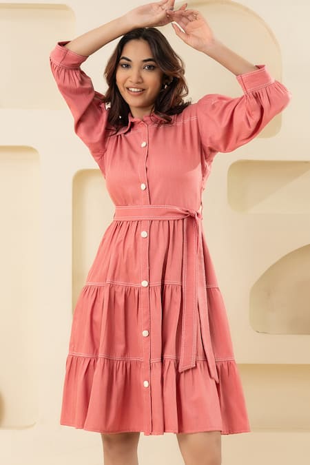 Buy_Savaaya_Pink Cotton, Denim Collared Dress With Belt _Online_at_Aza_Fashions