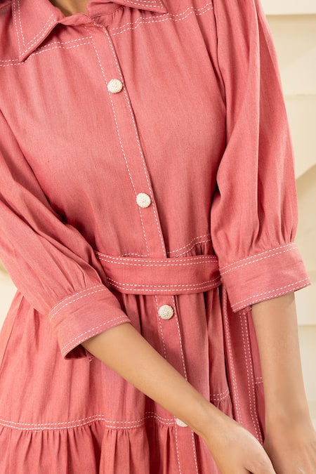 Shop_Savaaya_Pink Cotton, Denim Collared Dress With Belt _Online_at_Aza_Fashions
