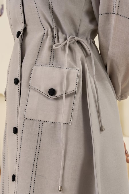 Shop_Savaaya_Gray Linen Collared Grey Blend Designer Dress _Online_at_Aza_Fashions