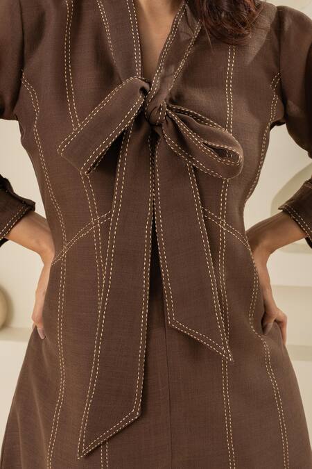 Buy_Savaaya_Brown Linen Open Neck Blend Designer Dress _Online_at_Aza_Fashions