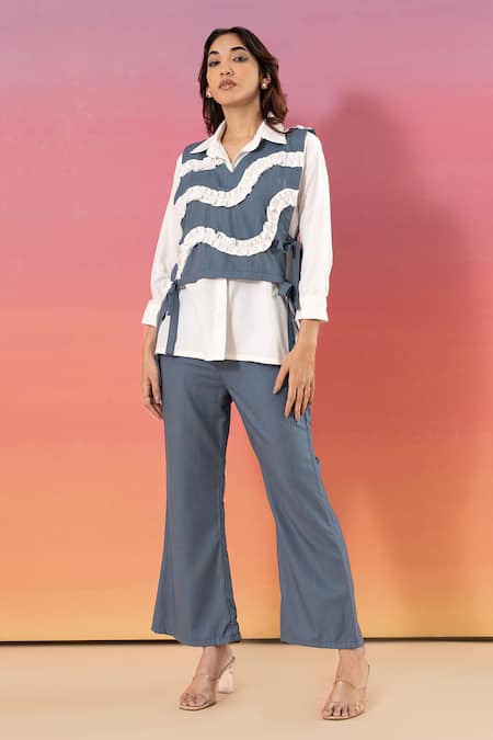 Savaaya_White Cotton, Denim Collared, V-neck And Blue Pant Set _Online_at_Aza_Fashions