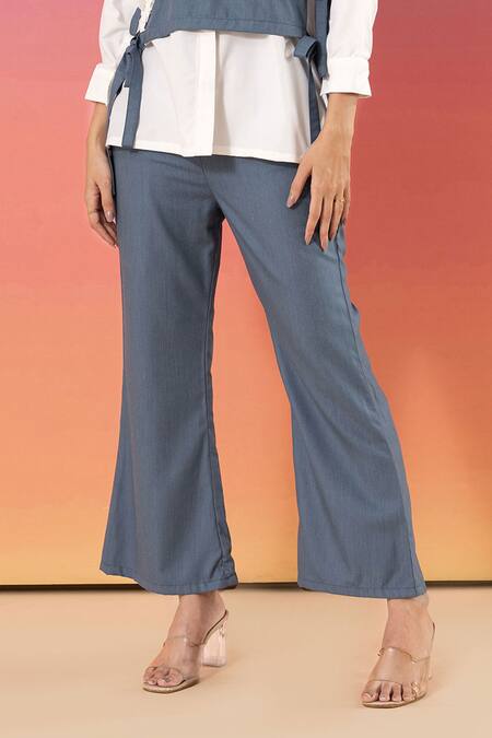 Buy_Savaaya_White Cotton, Denim Collared, V-neck And Blue Pant Set _Online_at_Aza_Fashions