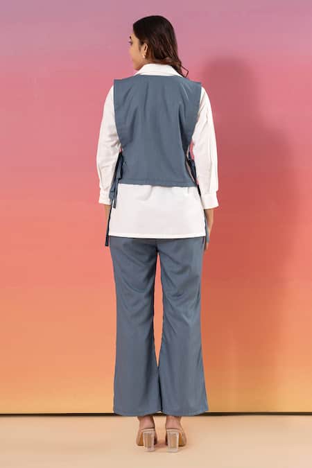 Savaaya White & Blue Cotton Denim Pant Set 