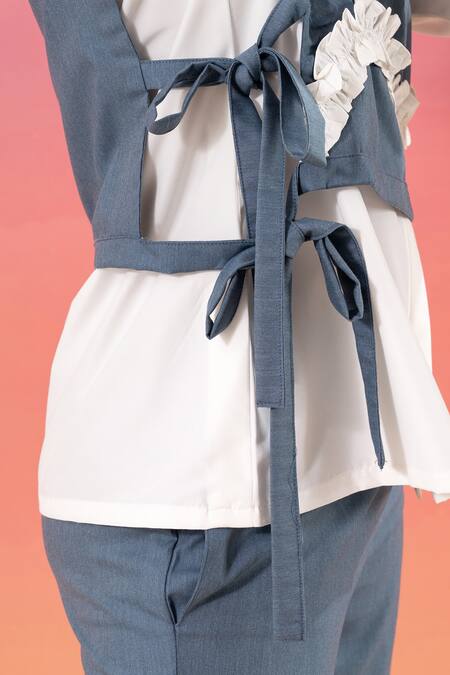 Shop_Savaaya_White Cotton, Denim Collared, V-neck And Blue Pant Set _Online_at_Aza_Fashions