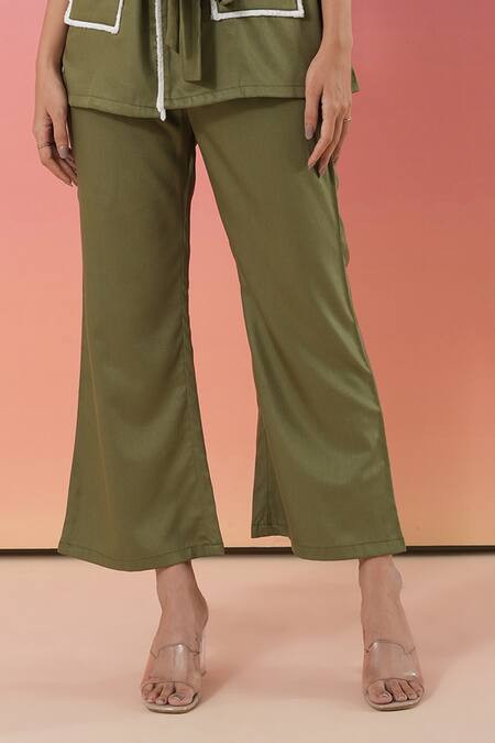 Savaaya_Green Cotton, Denim Shawl , Crew Pant Set_at_Aza_Fashions