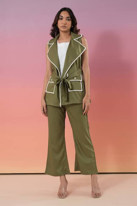 Savaaya Green Cotton, Denim Shawl , Crew Pant Set 