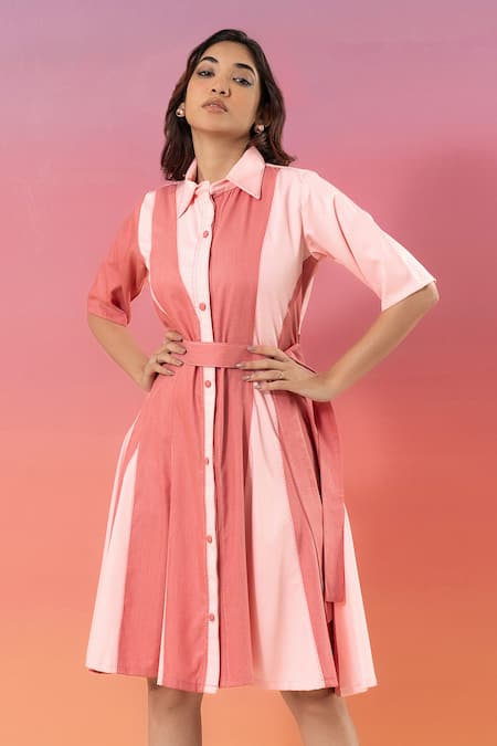 Savaaya_Pink Cotton, Denim Collared Light And Dark Dress _Online_at_Aza_Fashions