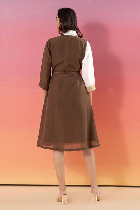 Shop Savaaya Multi Color Linen, Cotton Collared Block Midi Dress With Belt at Aza Fashions Shop_Savaaya_Multi Color Linen, Cotton Collared Block Midi Dress With Belt_at_Aza_Fashions