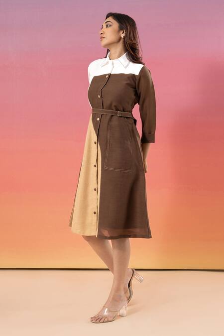 Savaaya Multi Color Linen, Cotton Collared Block Midi Dress With Belt Online at Aza Fashions Savaaya_Multi Color Linen, Cotton Collared Block Midi Dress With Belt_Online_at_Aza_Fashions