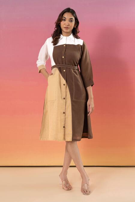 Buy Savaaya Multi Color Linen, Cotton Collared Block Midi Dress With Belt Online at Aza Fashions Buy_Savaaya_Multi Color Linen, Cotton Collared Block Midi Dress With Belt_Online_at_Aza_Fashions