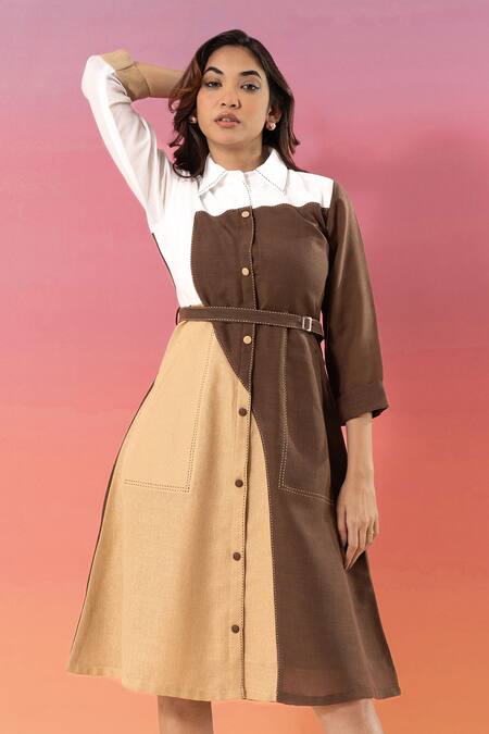 Shop Savaaya Multi Color Linen, Cotton Collared Block Midi Dress With Belt Online at Aza Fashions Shop_Savaaya_Multi Color Linen, Cotton Collared Block Midi Dress With Belt_Online_at_Aza_Fashions