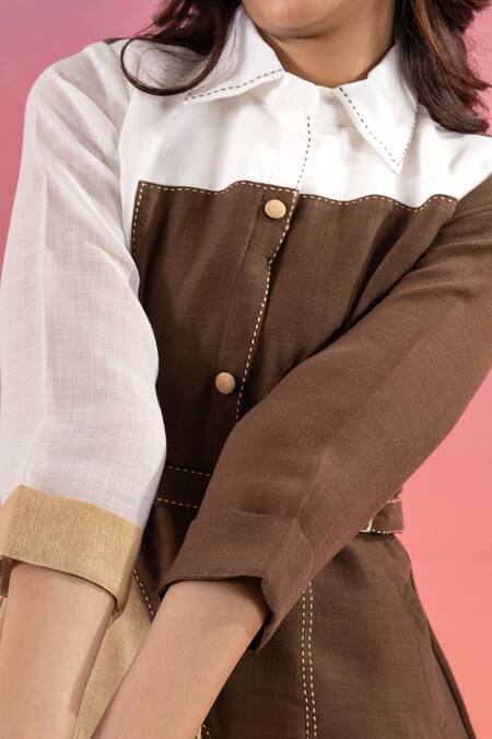 Savaaya Multi Color Linen, Cotton Collared Block Midi Dress With Belt at Aza Fashions Savaaya_Multi Color Linen, Cotton Collared Block Midi Dress With Belt_at_Aza_Fashions