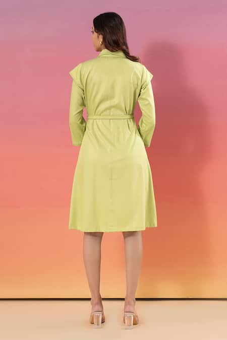 Savaaya Light Green Cotton Denim Dress with Belt 