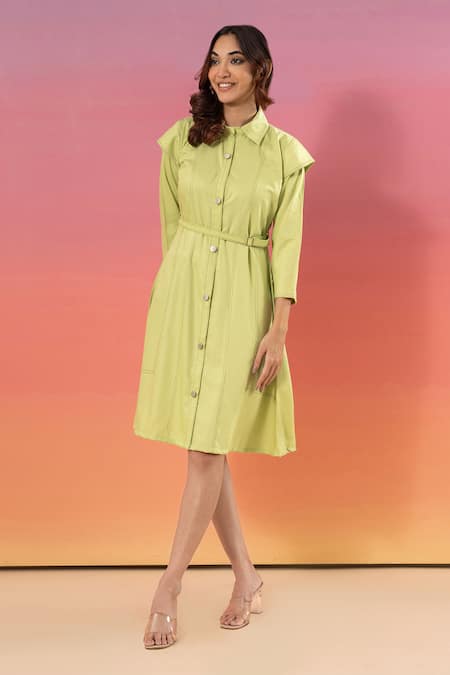 Savaaya Green Cotton, Denim Collared Light Dress With Belt Online at Aza Fashions Savaaya_Green Cotton, Denim Collared Light Dress With Belt _Online_at_Aza_Fashions