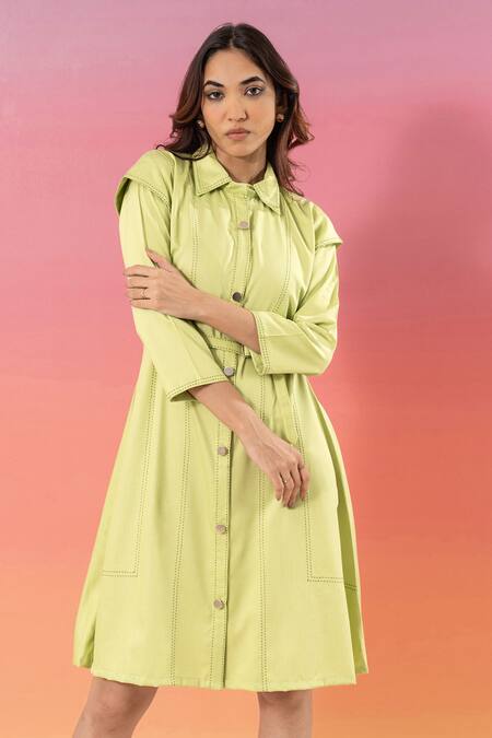 Buy Savaaya Green Cotton, Denim Collared Light Dress With Belt Online at Aza Fashions Buy_Savaaya_Green Cotton, Denim Collared Light Dress With Belt _Online_at_Aza_Fashions
