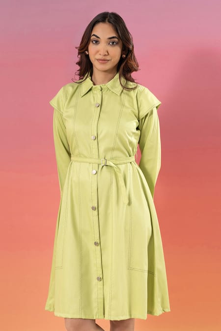Shop Savaaya Green Cotton, Denim Collared Light Dress With Belt Online at Aza Fashions Shop_Savaaya_Green Cotton, Denim Collared Light Dress With Belt _Online_at_Aza_Fashions