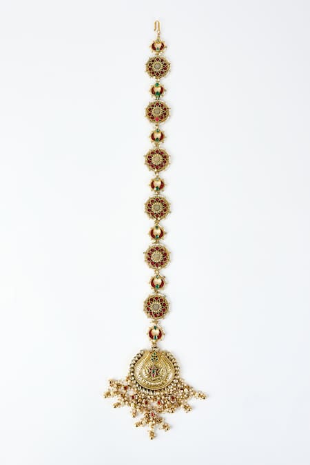 Shop Vivinia By Vidhi Mehra Gold Plated Beads And Red Kundan Polki Hair Accessory at Aza Fashions Shop_Vivinia By Vidhi Mehra_Gold Plated Beads And Red Kundan Polki Hair Accessory _at_Aza_Fashions