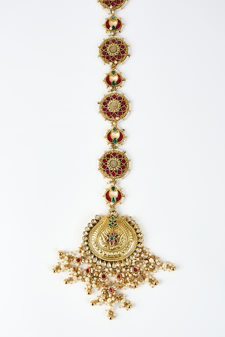 Vivinia By Vidhi Mehra Gold Plated Beads And Red Kundan Polki Hair Accessory Online at Aza Fashions Vivinia By Vidhi Mehra_Gold Plated Beads And Red Kundan Polki Hair Accessory _Online_at_Aza_Fashions