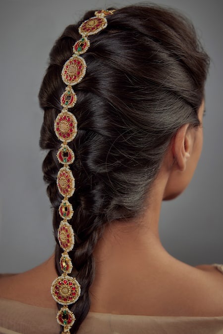 Buy Vivinia By Vidhi Mehra Gold Plated Beads And Red Kundan Polki Hair Accessory Online at Aza Fashions Buy_Vivinia By Vidhi Mehra_Gold Plated Beads And Red Kundan Polki Hair Accessory _Online_at_Aza_Fashions
