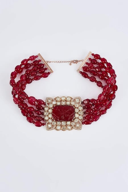 Vivinia By Vidhi Mehra_Red Gold And Beaded Choker Necklace _Online_at_Aza_Fashions