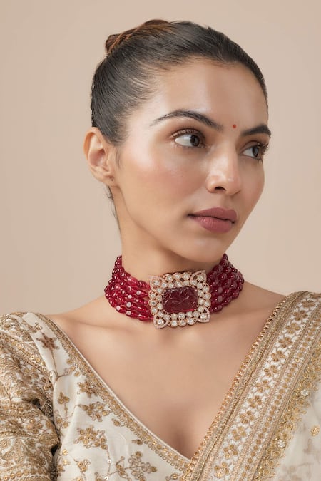 Vivinia By Vidhi Mehra Gold & Red Beaded Choker Necklace 