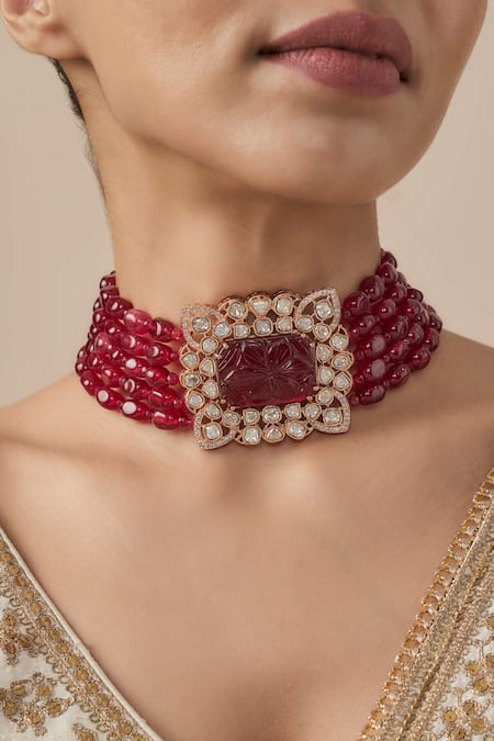 Buy_Vivinia By Vidhi Mehra_Red Gold And Beaded Choker Necklace _Online_at_Aza_Fashions