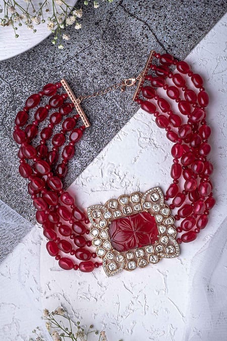 Vivinia By Vidhi Mehra Gold & Red Beaded Choker Necklace 
