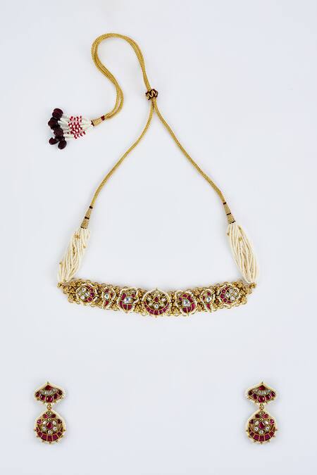 Buy_Vivinia By Vidhi Mehra_Gold Plated Beads, Stones And Pink Beaded Jewellery Set _Online_at_Aza_Fashions
