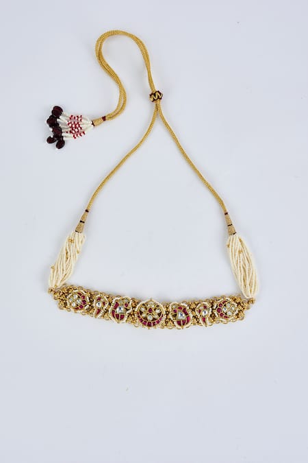 Shop_Vivinia By Vidhi Mehra_Gold Plated Beads, Stones And Pink Beaded Jewellery Set _Online_at_Aza_Fashions